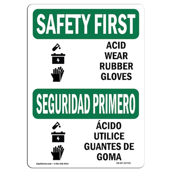 OSHA Sign, Acid Wear Rubber Gloves Bilingual, 18in X 12in Aluminum, 18" W, 12" H, Landscape